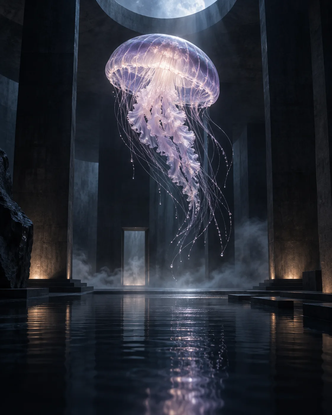 Concept artwork of a luminous jellyfish floating inside a monumental concrete gallery