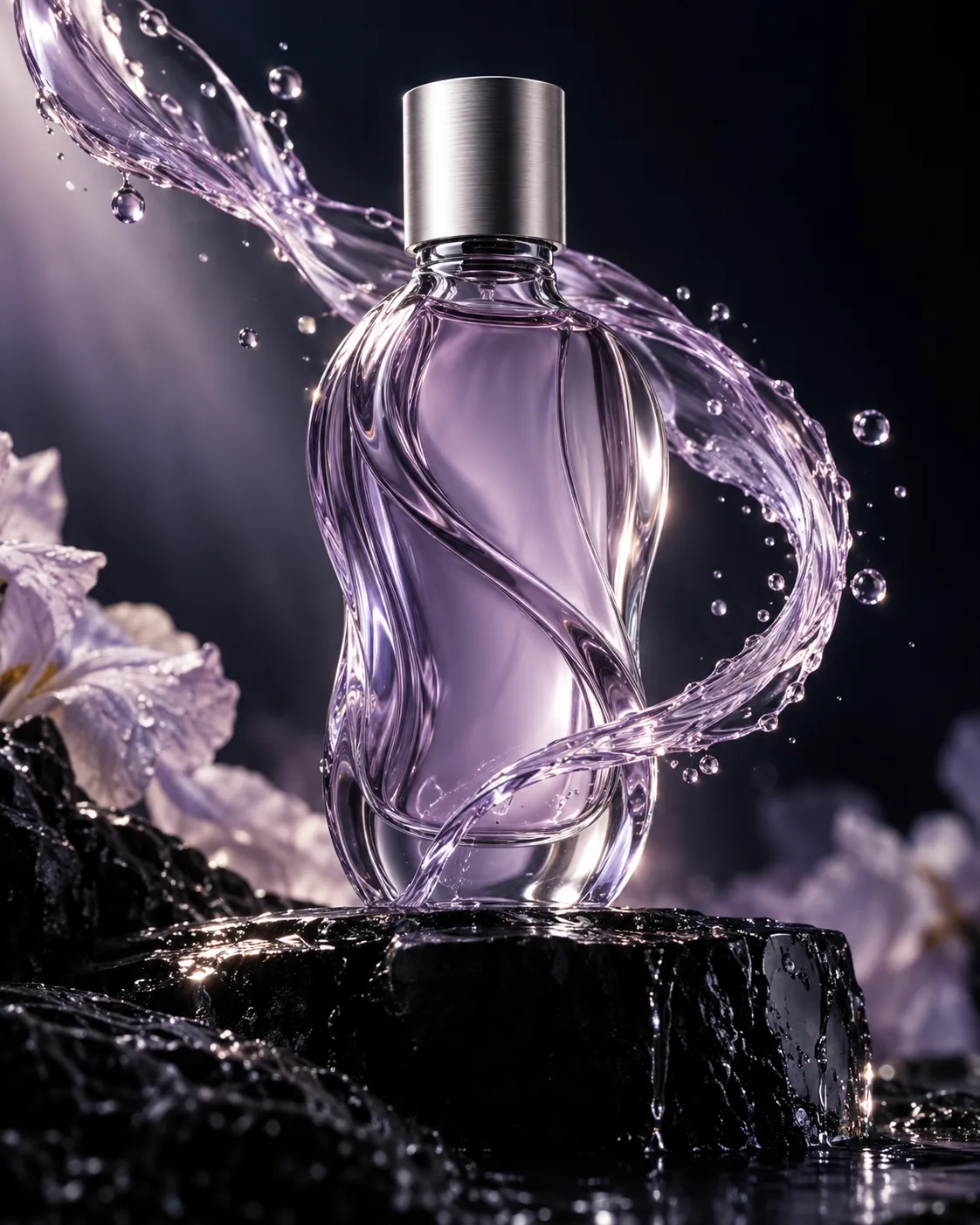 Concept artwork of a lavender glass perfume bottle wrapped in a suspended ribbon of liquid