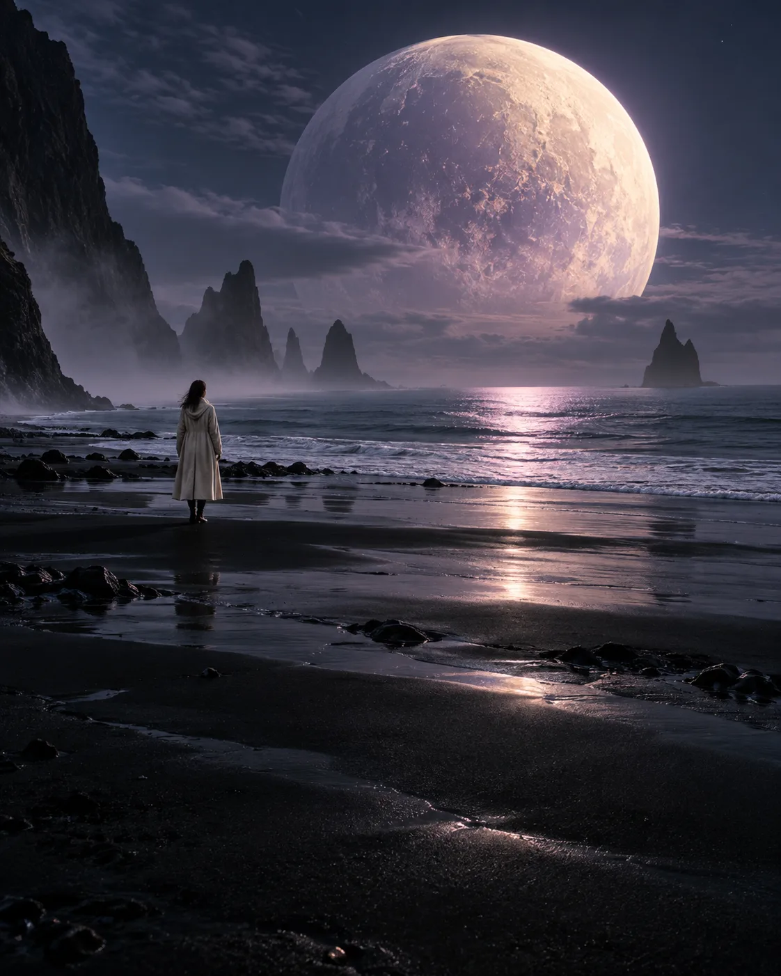 Concept artwork of a lone traveler on a volcanic beach beneath an enormous moon
