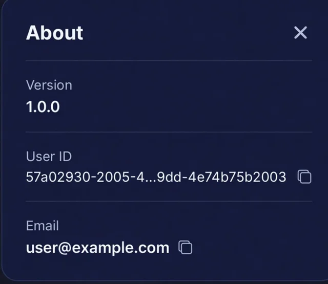 Cinefuse Profile → About screen showing where to copy your User ID and Account Email