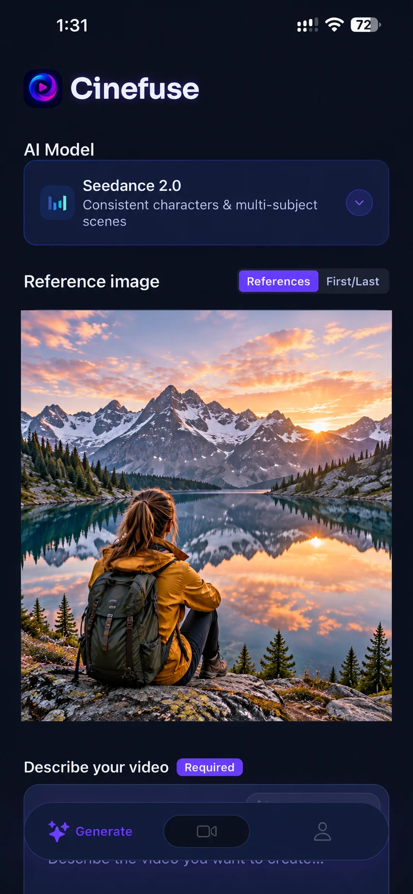 Cinefuse image-to-video interface with a traveler beside an alpine lake as the reference image.