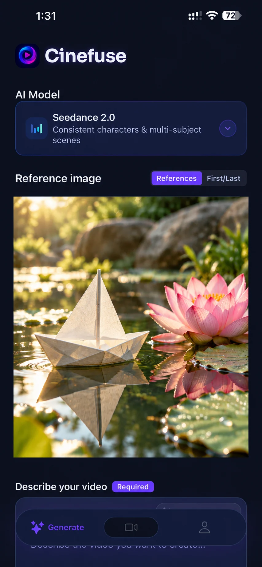 Cinefuse setup screen with a paper sailboat on a garden pond, ready for a first image-to-video prompt.
