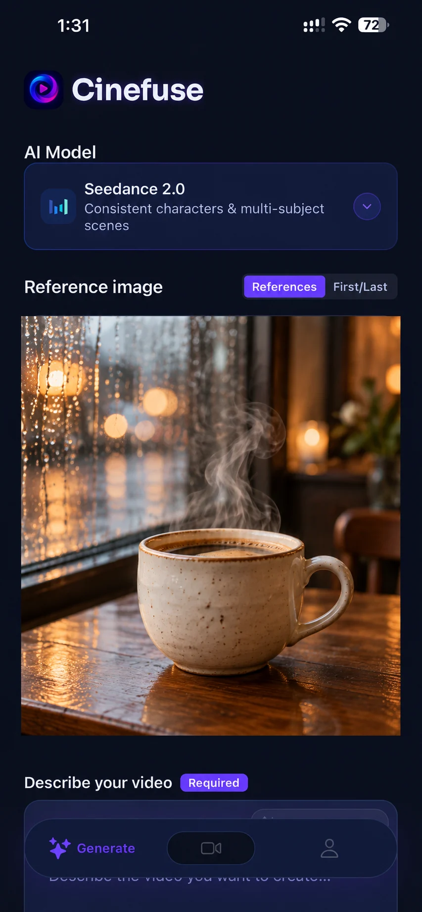 Cinefuse setup with a ceramic coffee cup by a rainy window as the reference image.