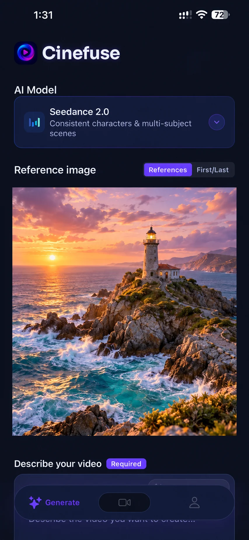 Cinefuse image-to-video setup with Seedance 2.0 and an illustrative coastal lighthouse reference image