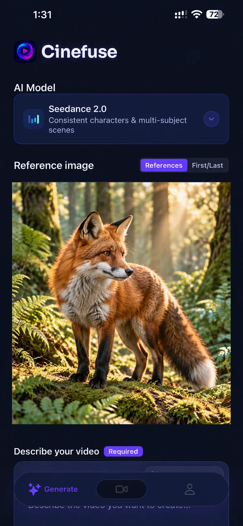 Cinefuse on iPhone with a red fox in a sunlit woodland loaded as an image-to-video reference.