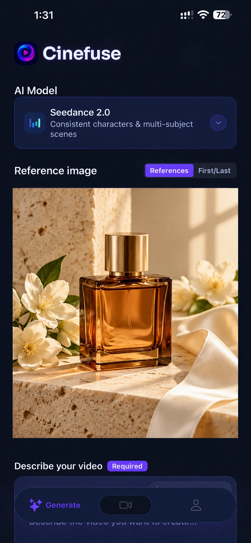 Cinefuse image-to-video setup with an amber perfume bottle and cream silk as the reference image.