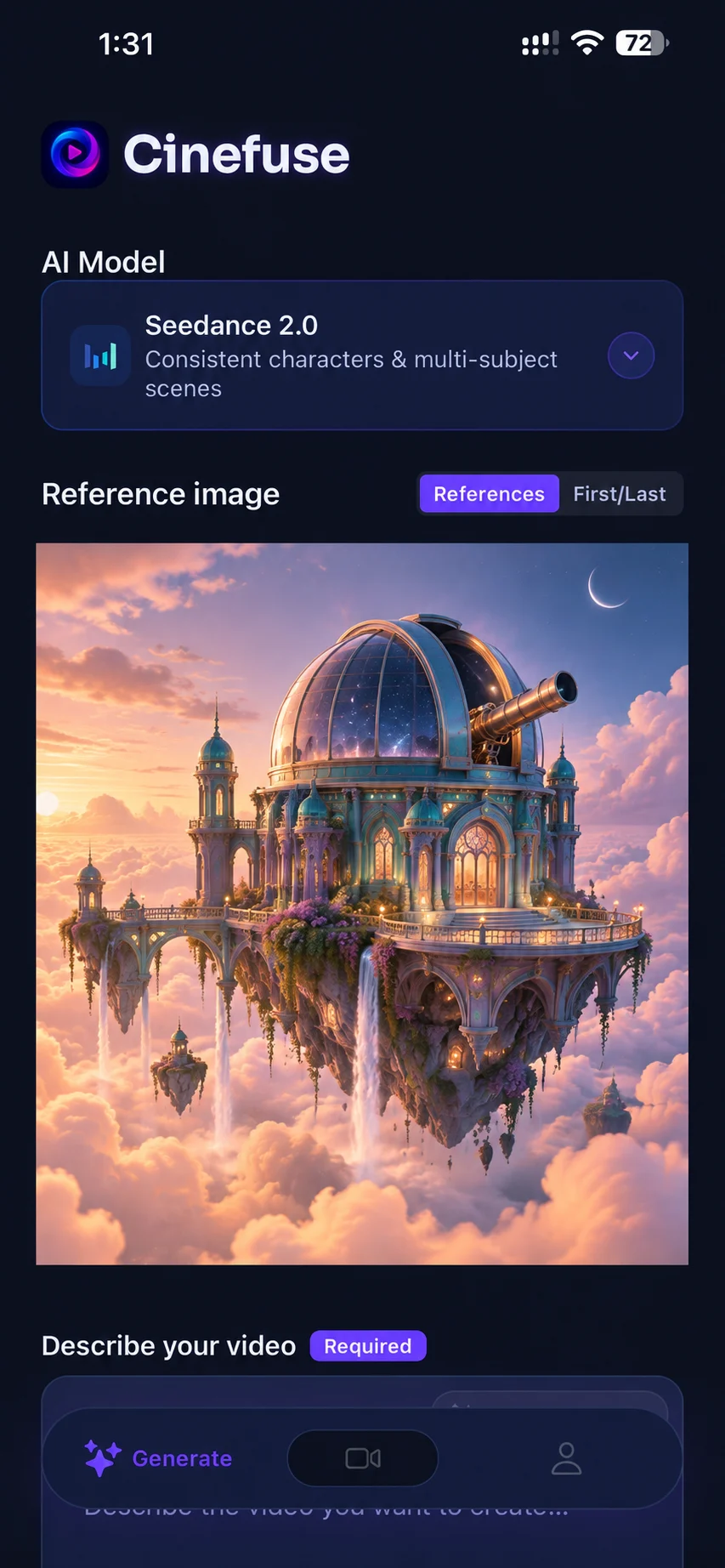 Cinefuse reference-image screen featuring an illustrated observatory floating above clouds.