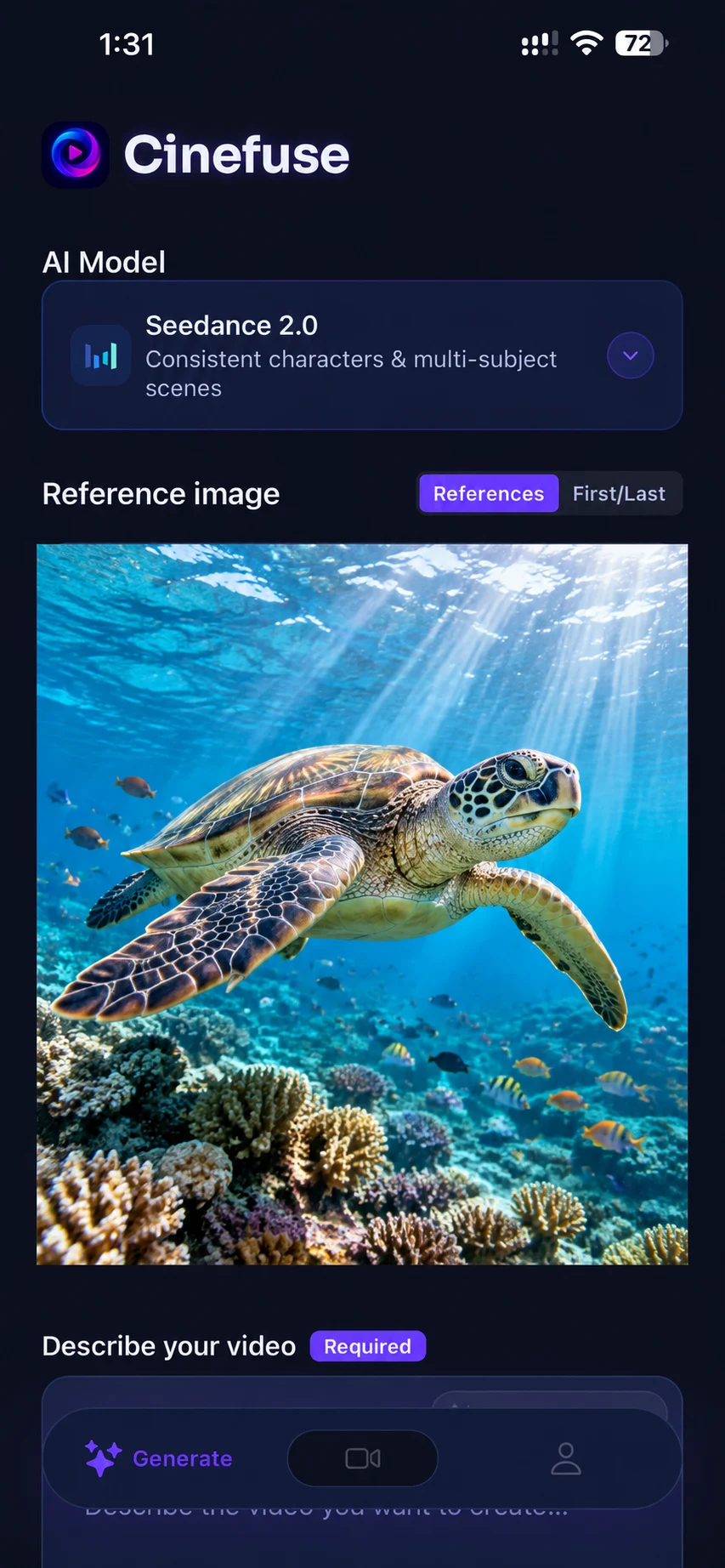 Cinefuse setup with a sea turtle above a sunlit coral reef as the reference image.